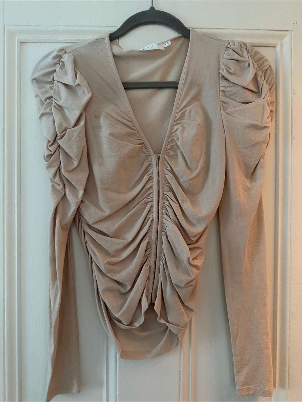 ASTR Beige Ruched Long-Sleeve Bodysuit
